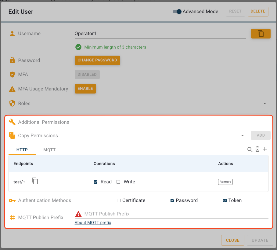 Edit User dialog in advanced mode