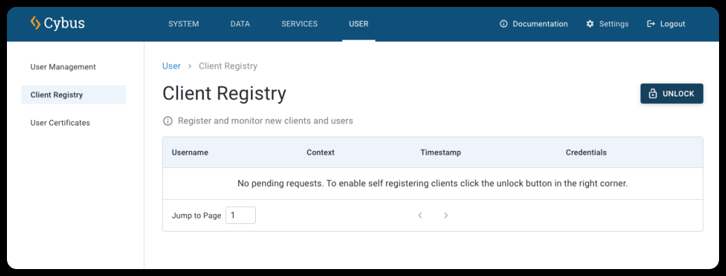 Client Registry view showing the Unlock button.