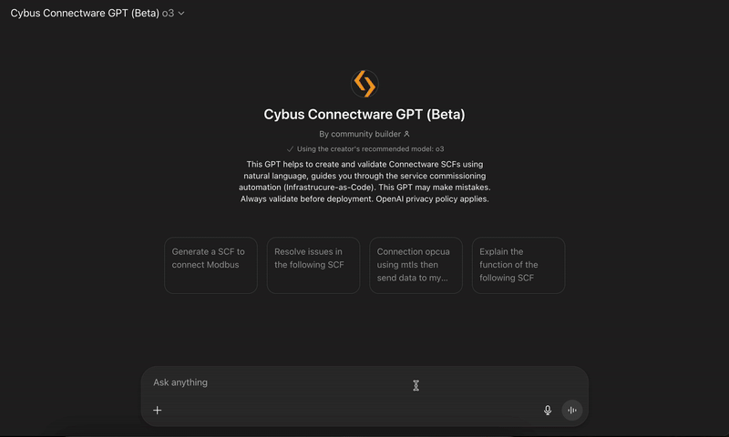 Cybus Connectware GPT start screen